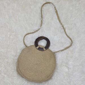 Wooden Handle Tan Woven Round Bag